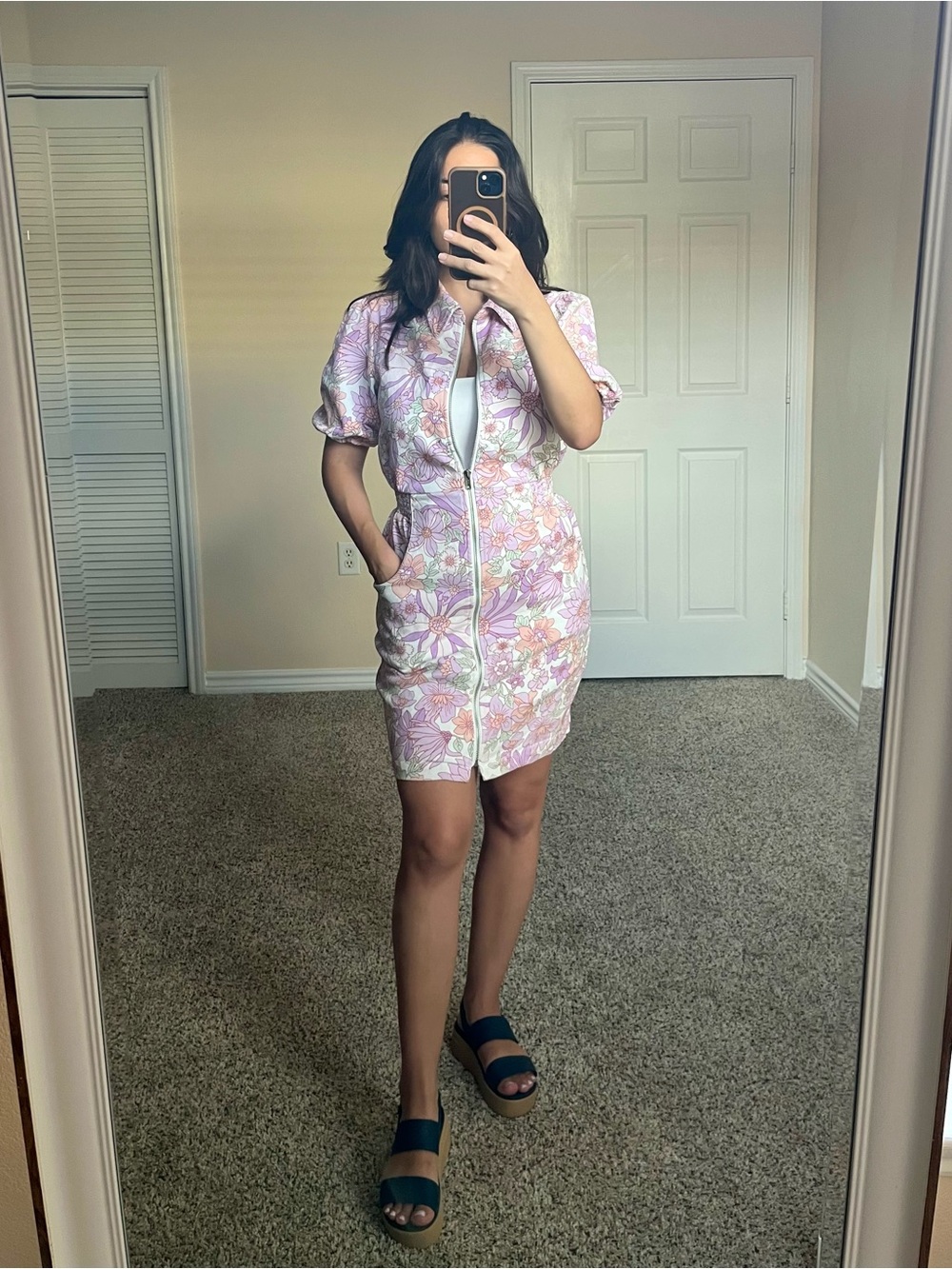 Skies Are Blue Lavender Floral Zip-Front Short Sleeve Dress